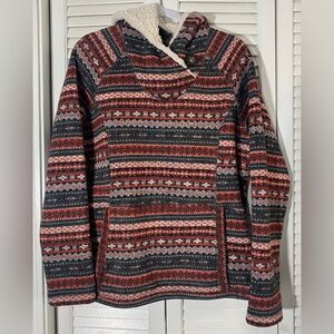 Koppen Sweater Size XL Red/Black Striped Hooded Pocket Sherpa Fleece Lining